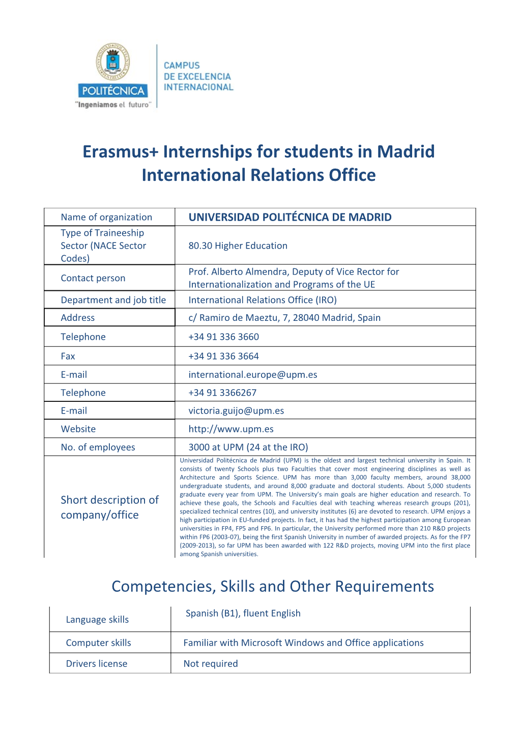 Erasmus+ Internships for Students in Madrid International Relations Office