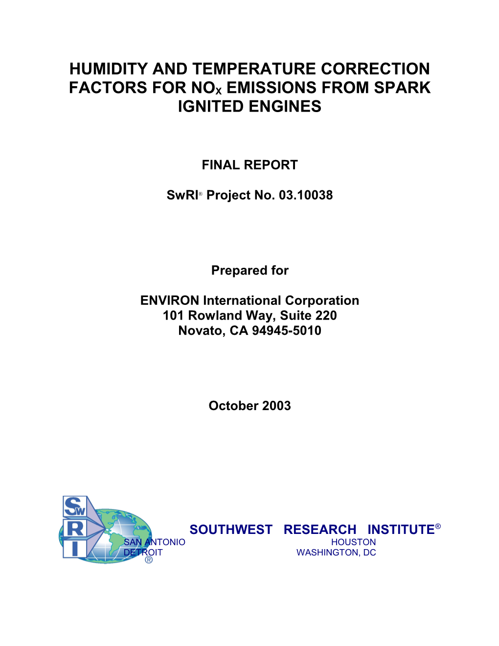 Humidity and Temperature Correction Factors for Nox Emissions from Spark Ignited Engines