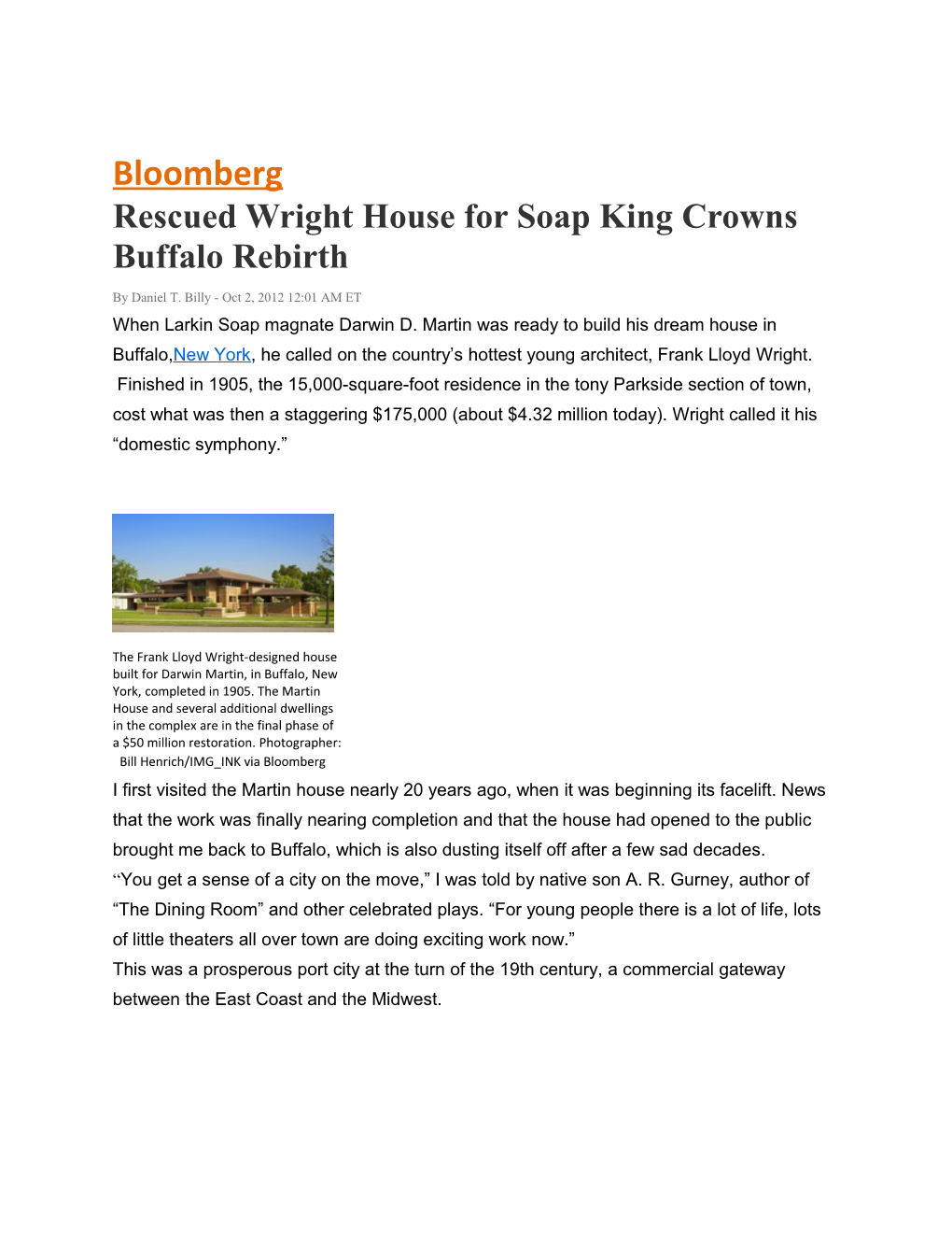 Rescued Wright House for Soap King Crowns Buffalo Rebirth
