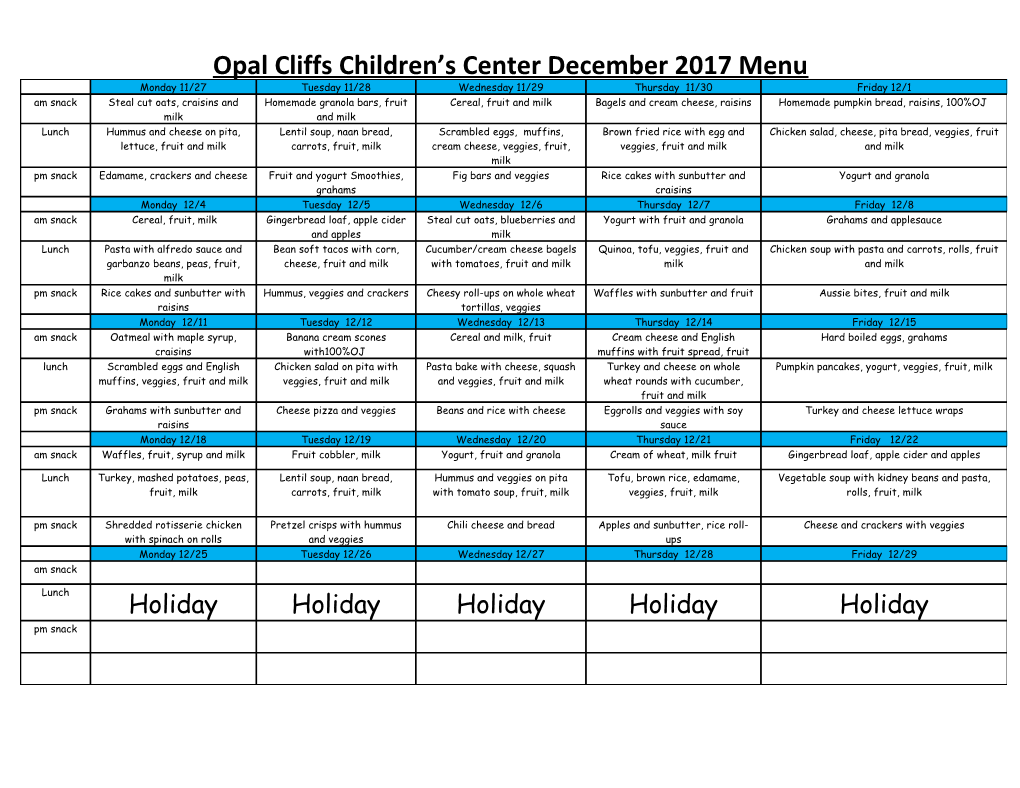 Opal Cliffs Children S Center April 2015 Menu