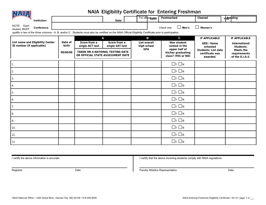 Naia Official Eligibility Certificate