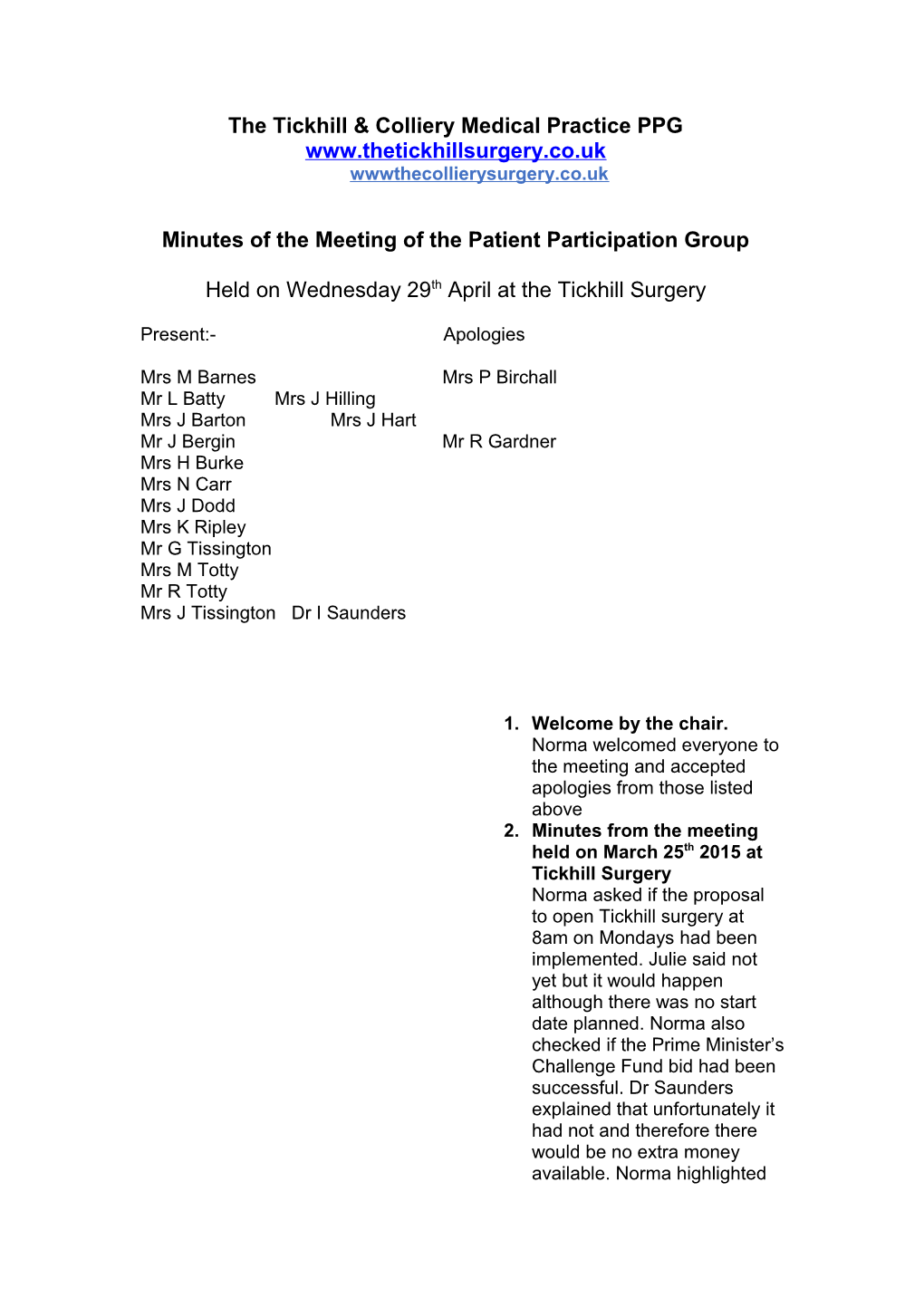 Minutes of the Meeting of the Patient Participation Group