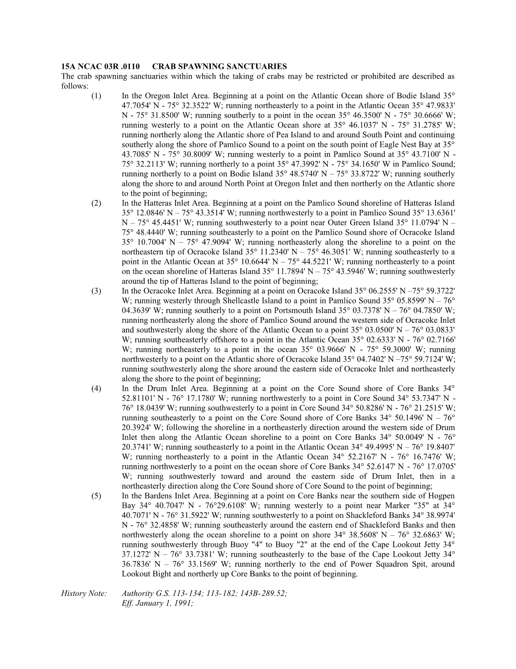 15A Ncac 03R .0110CRAB SPAWNING SANCTUARIES