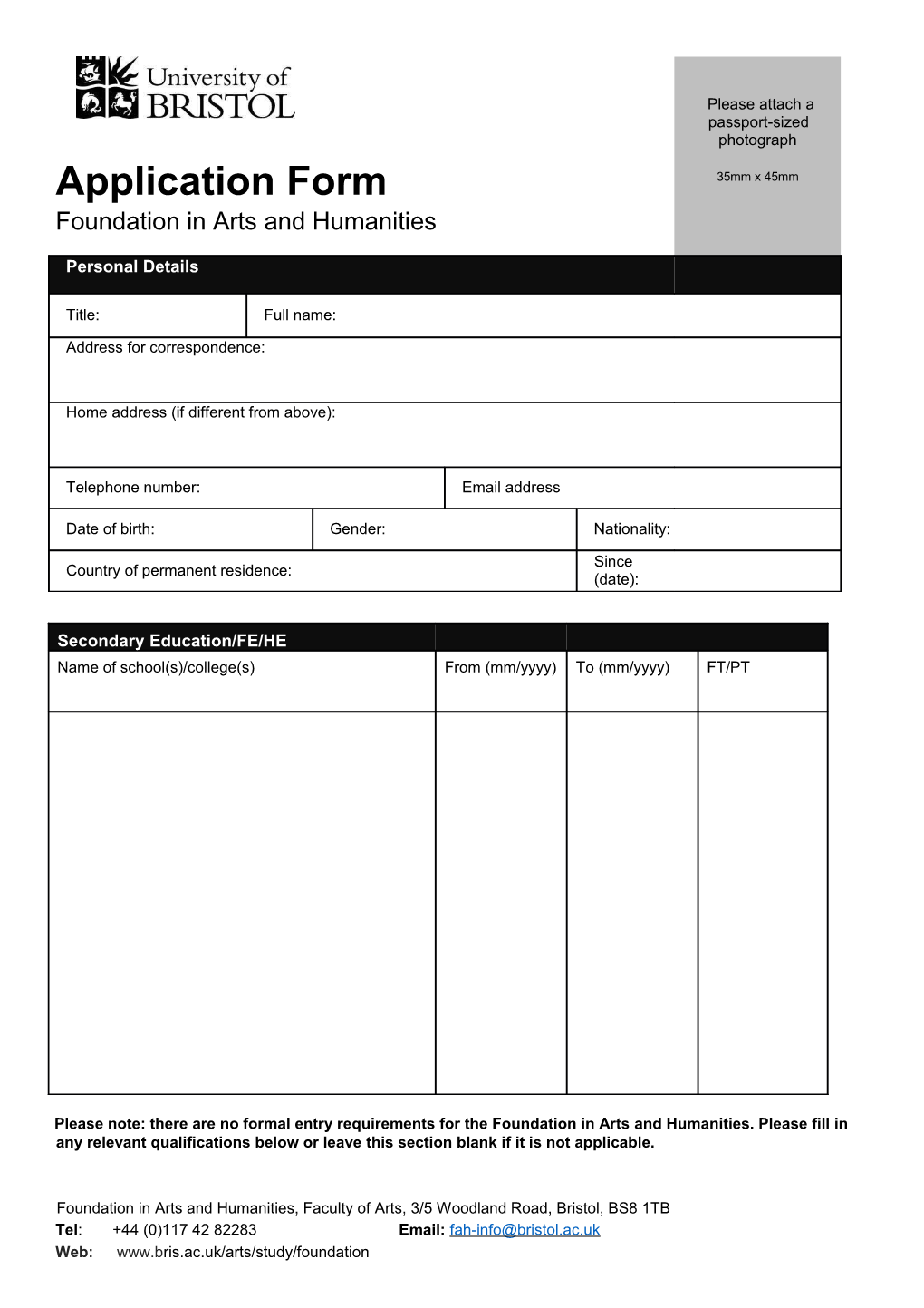 Application Form Foundation in Arts and Humanities