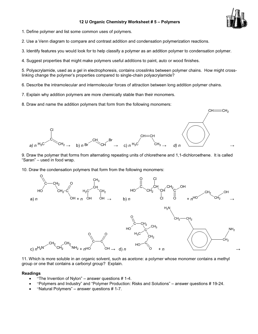 12 U Organic Chemistry Worksheet # 5 – Polymers