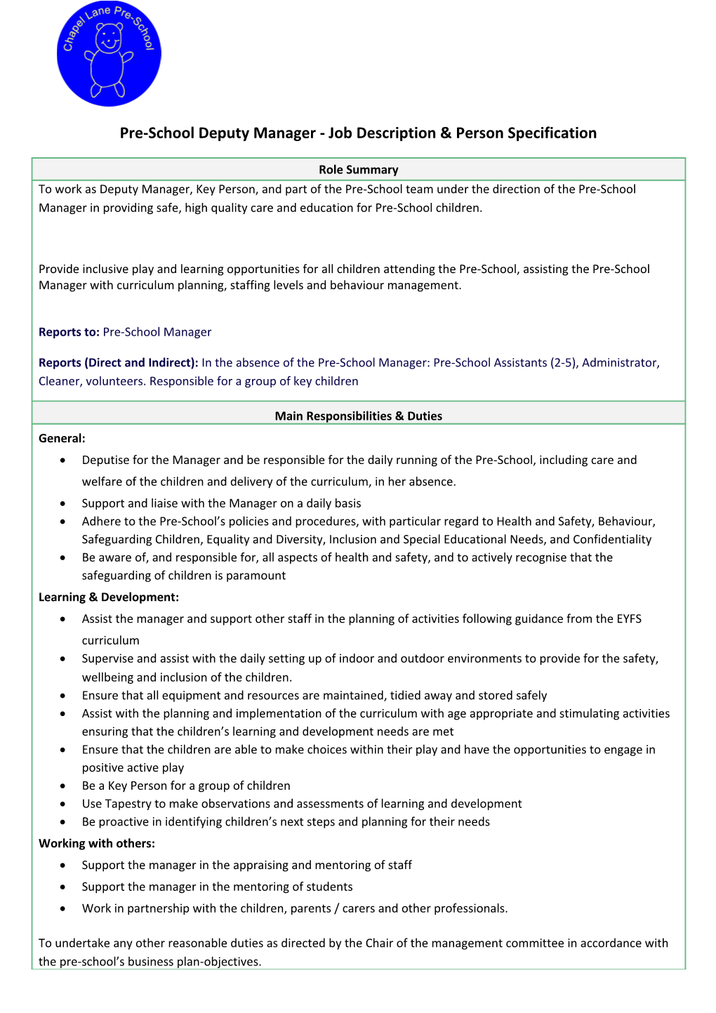 Pre-School Deputy Manager - Job Description & Person Specification
