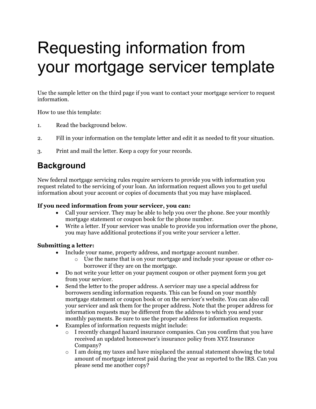 Mortgage Request Information Servicer