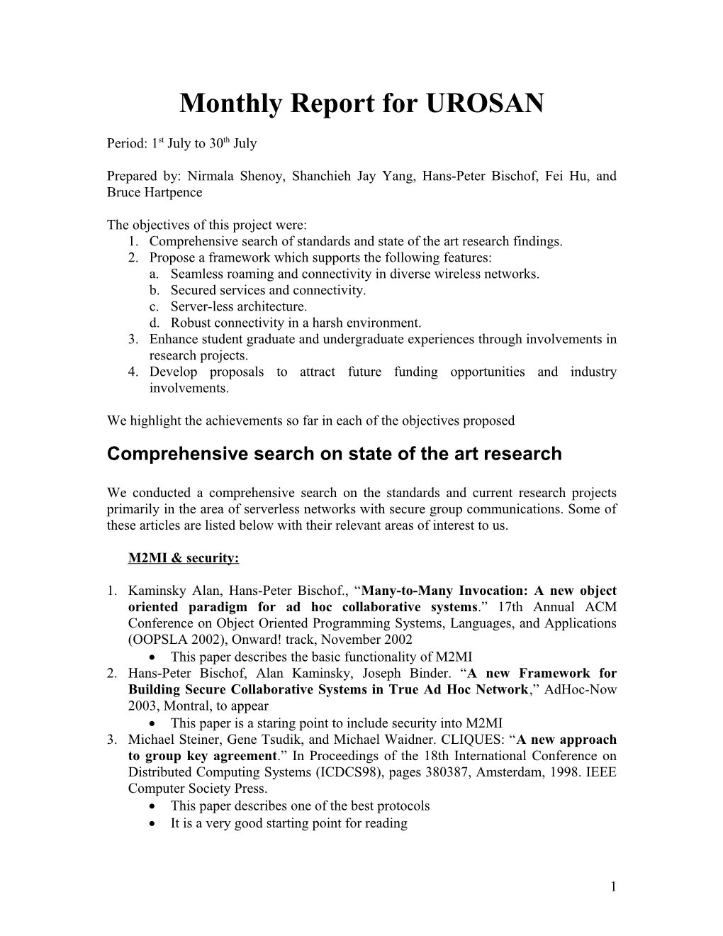 Monthly Report for UROSAN