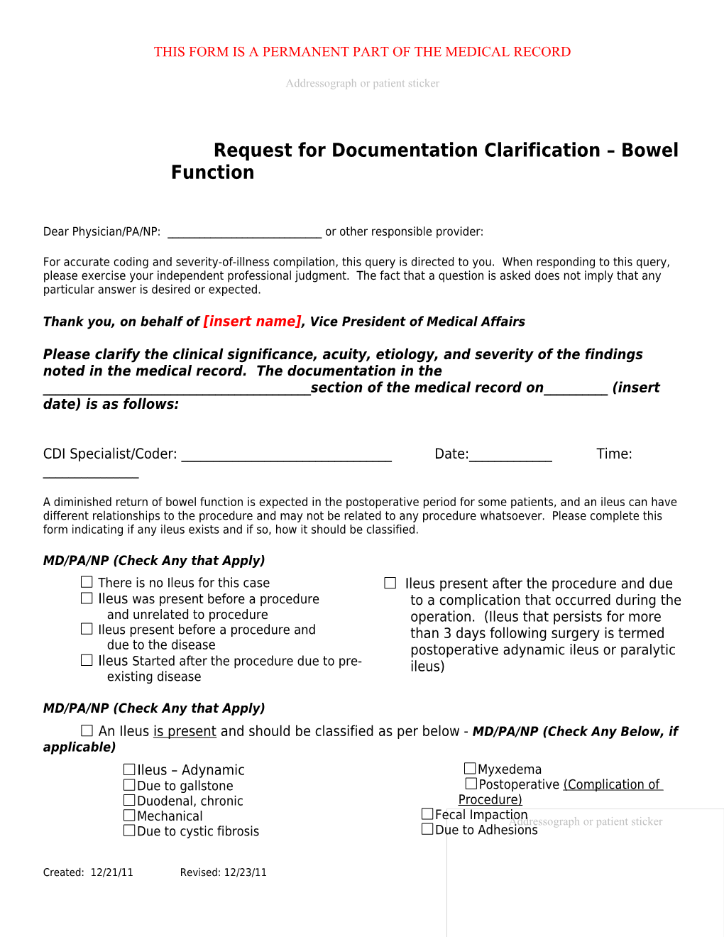 This Form Is a Permanent Part of the Medical Record