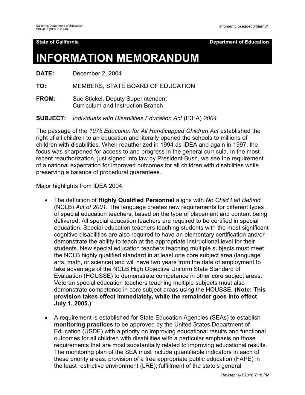 December 2004 SED Item 1 - Information Memorandum (CA State Board of Education)