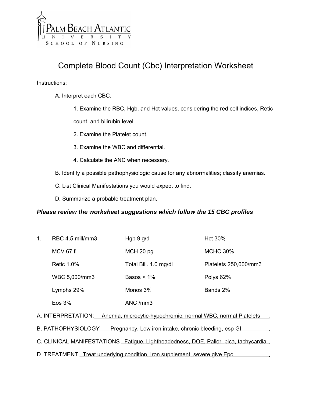 Complete Blood Count (Cbc) Interpretation Worksheet