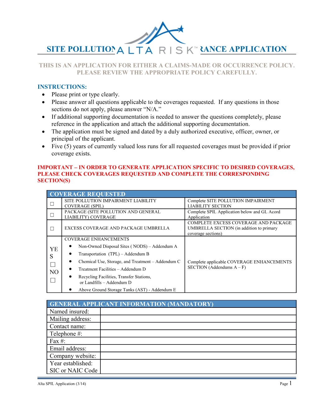 Site Pollution Impairment Insurance Application