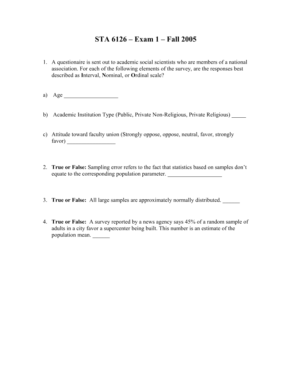 STA 6126 Exam 1 Fall 2004