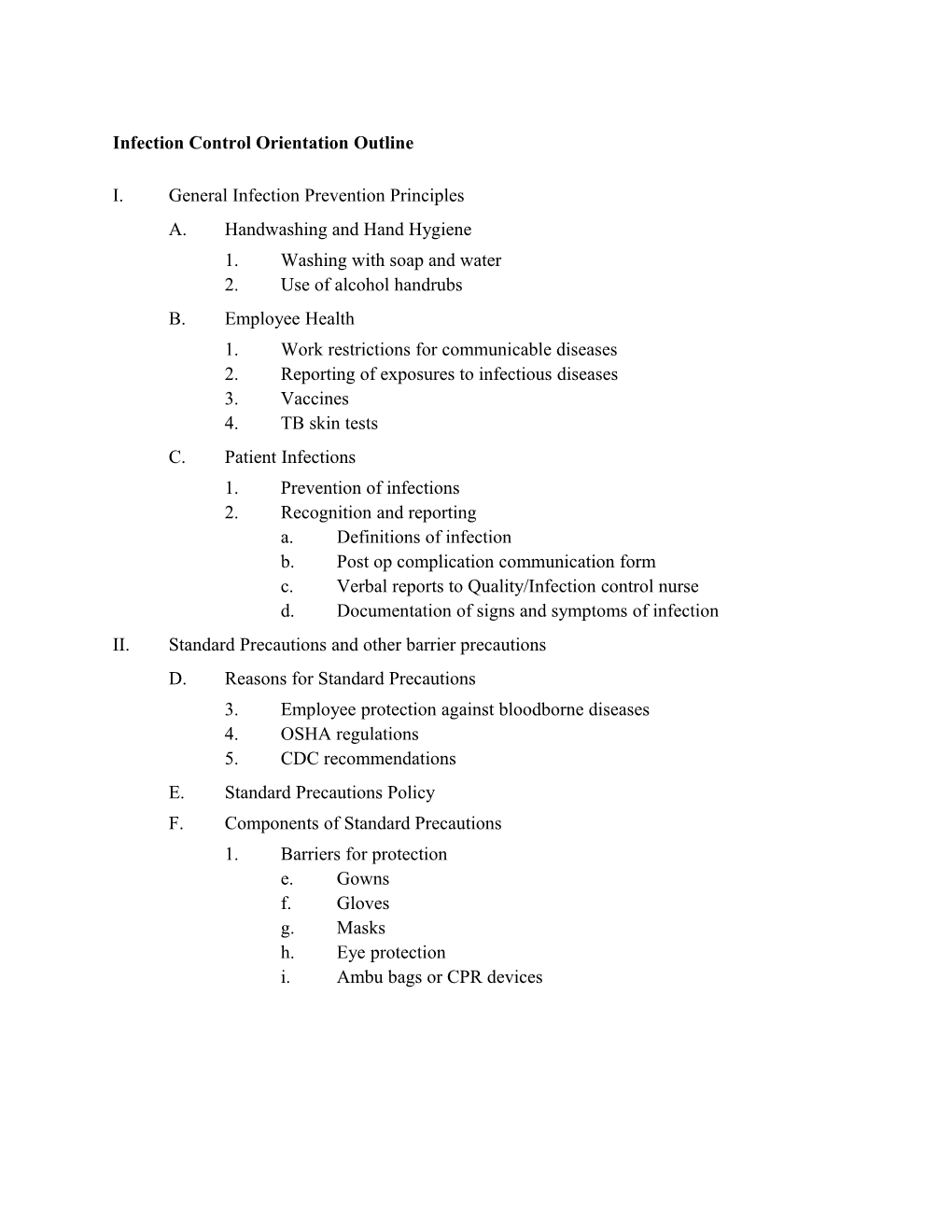 Infection Control Orientation Outline