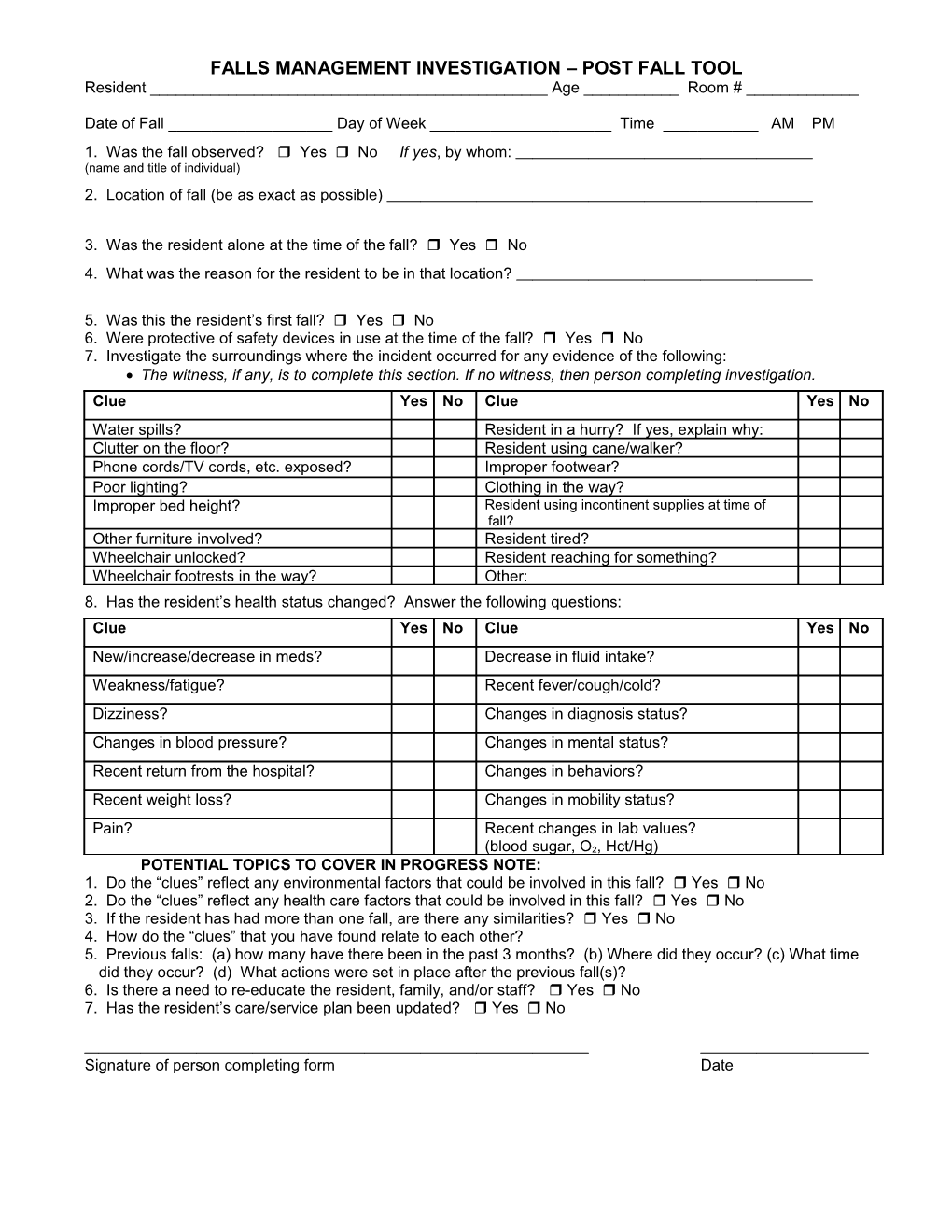 Falls Management Investigation Post Fall Tool