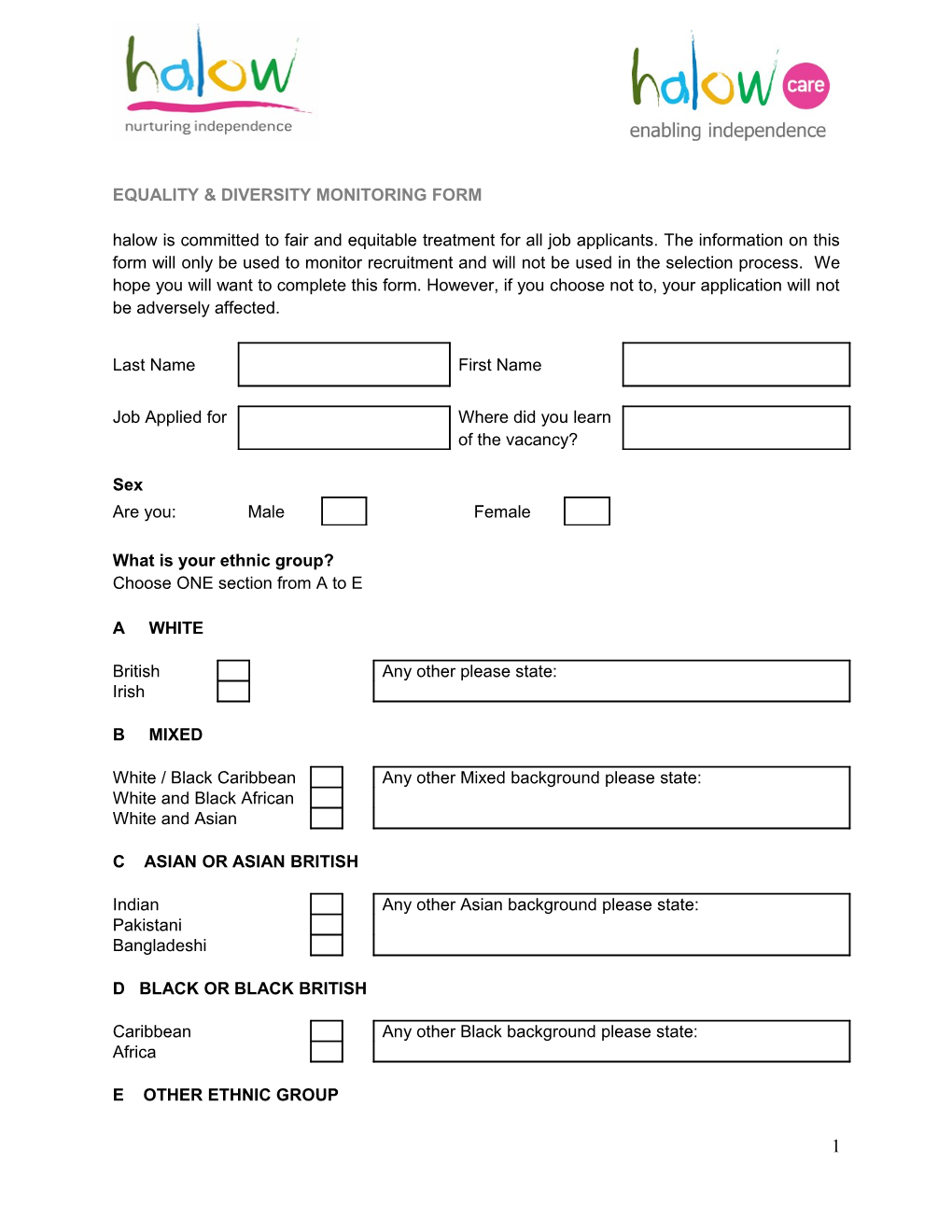 Equality & Diversity Monitoring Form