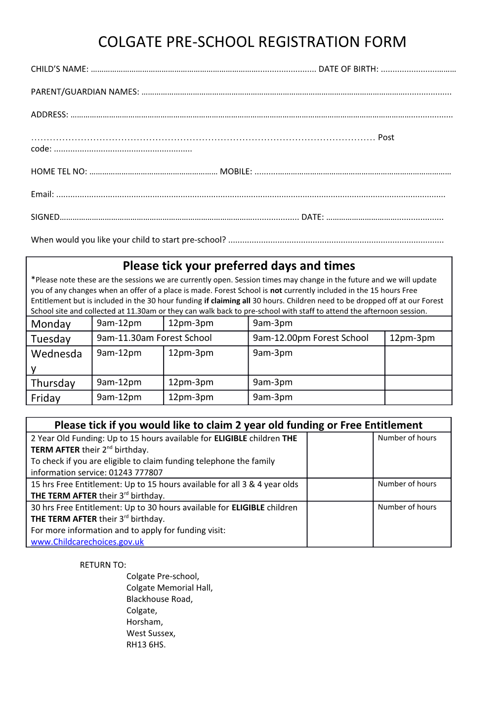 Colgate Pre-School Registration Form