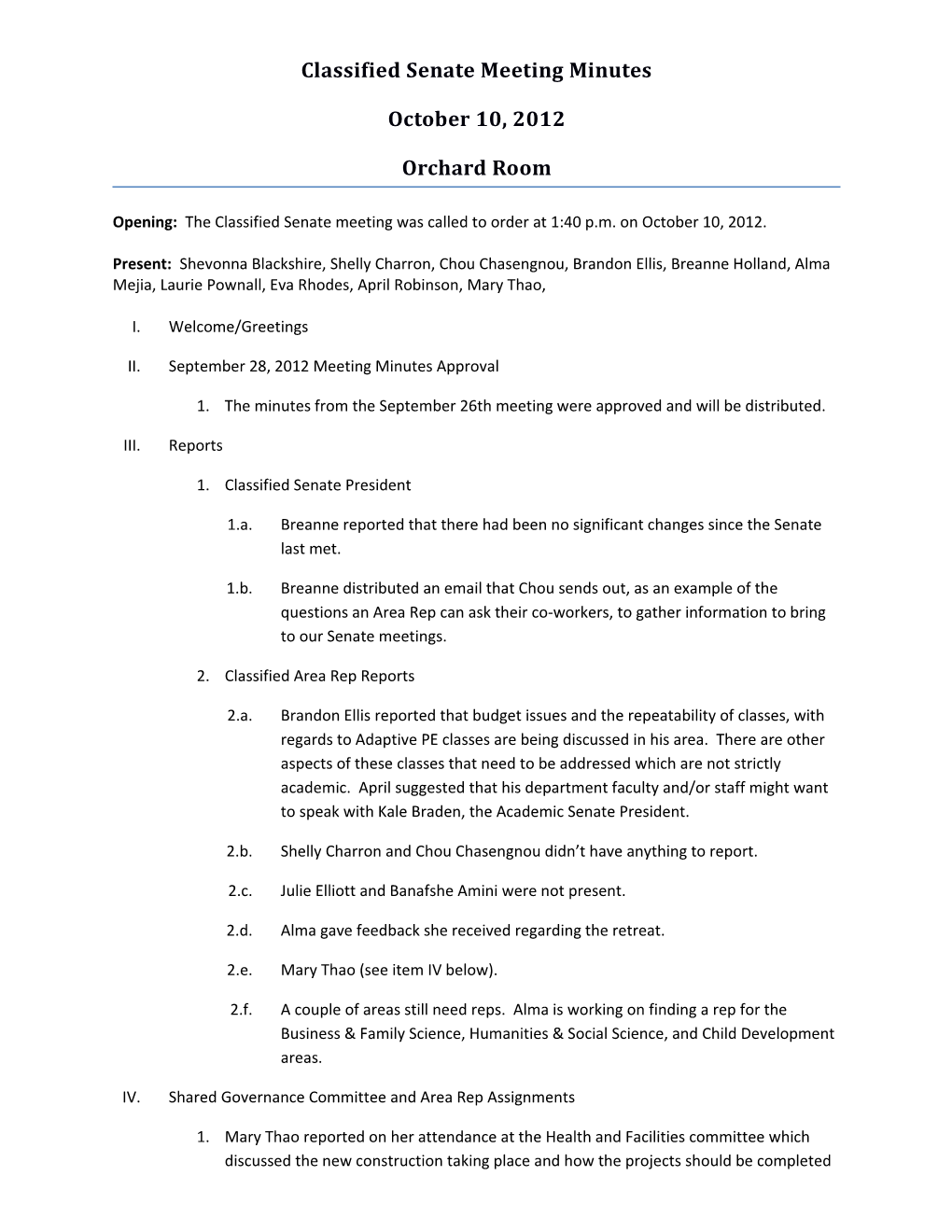 Classified Senate Meeting Minutes (10/10/12)
