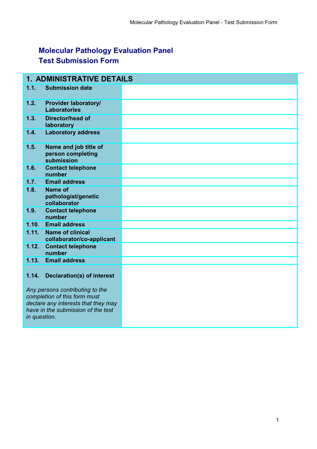 Molecular Pathology Evaluation Panel - Test Submission Form