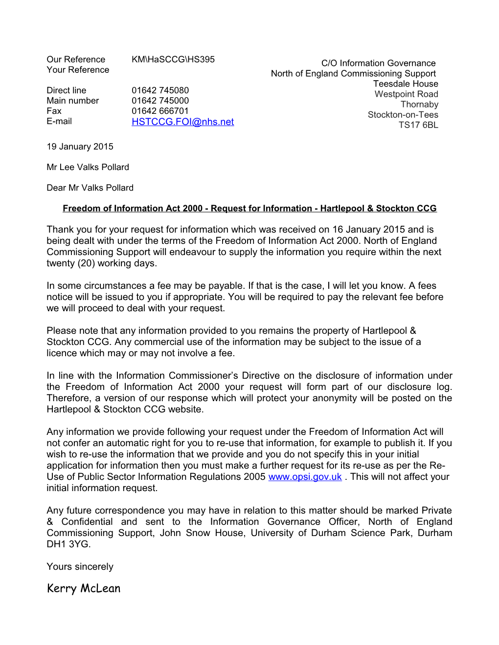 Freedom of Information Act 2000 - Request for Information - Hartlepool & Stockton CCG