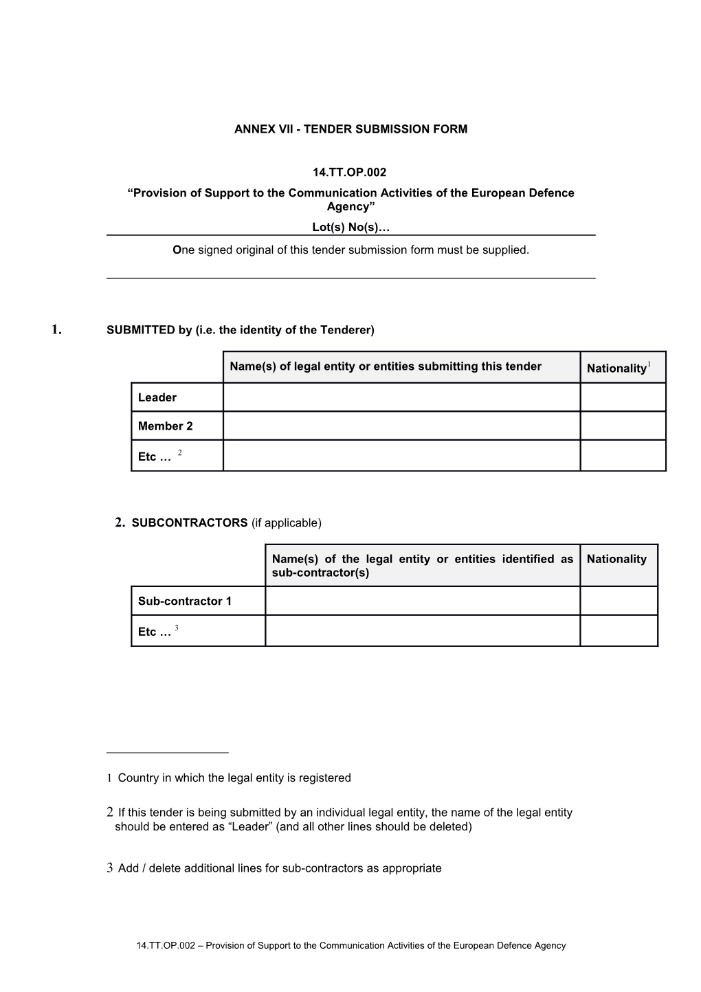 Annex Vii - Tender Submission Form