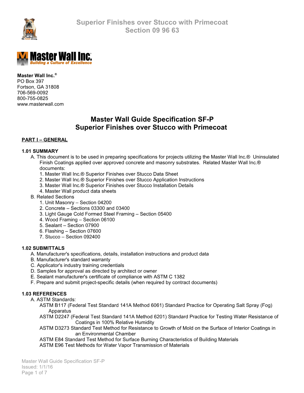 Master Wall Guide Specification SF-P