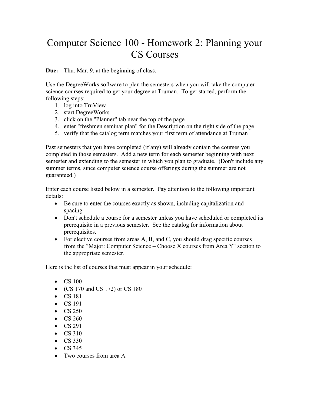 Computer Science 100 - Homework 2: Planning Your CS Courses