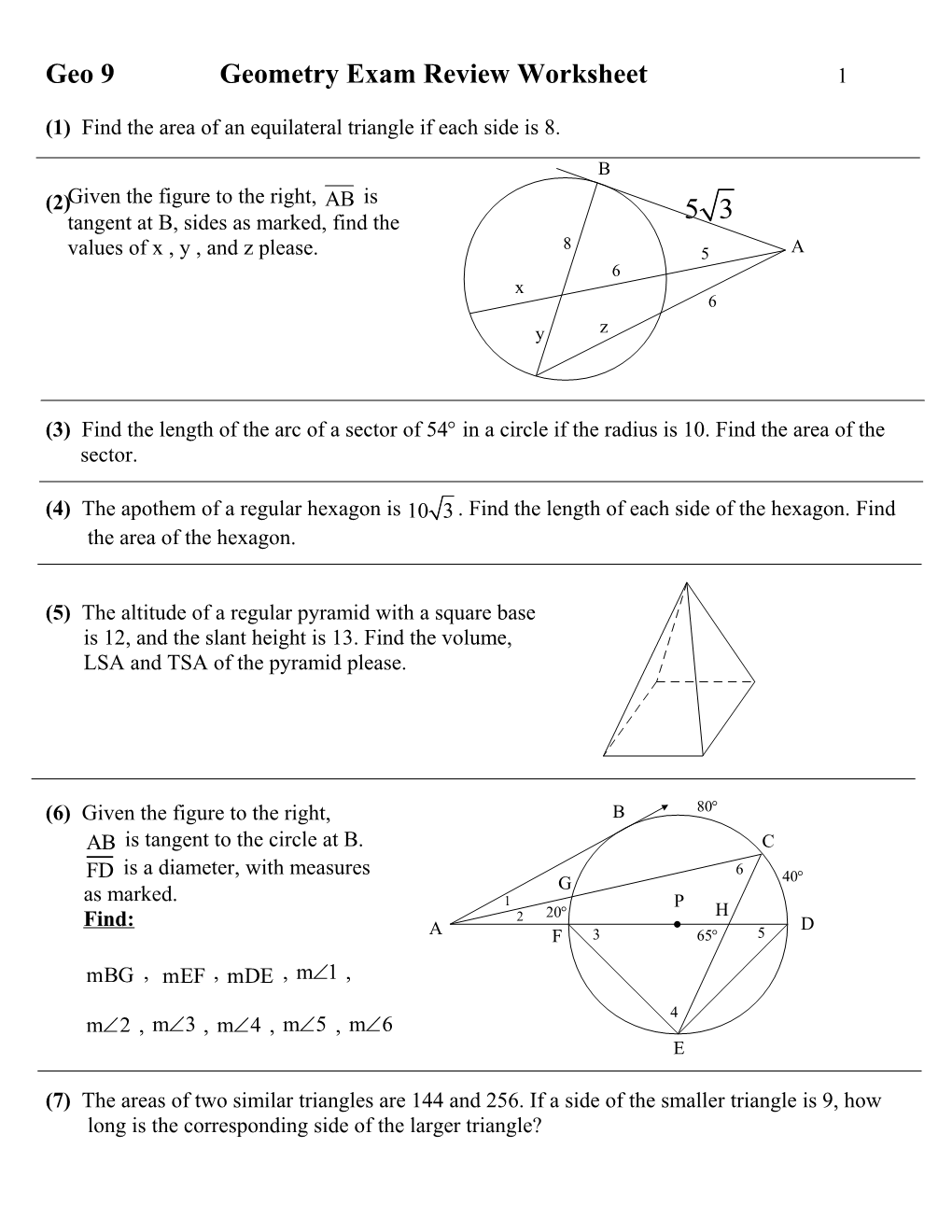 (1) Find the Area of an Equilateral Triangle If Each Side Is 8