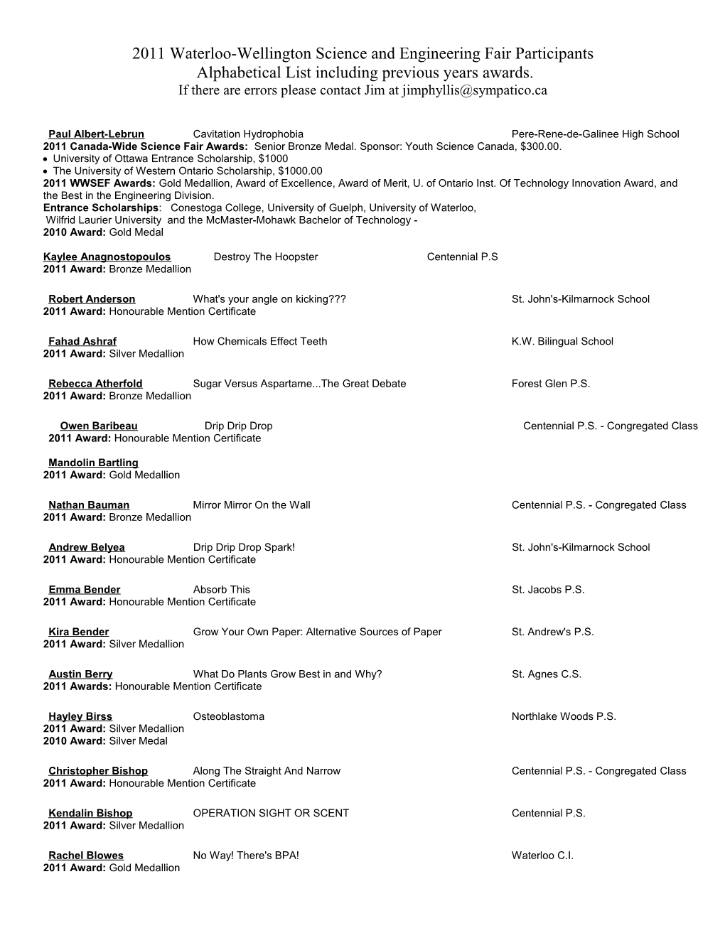 2011 Waterloo-Wellington Science and Engineering Fair Participants