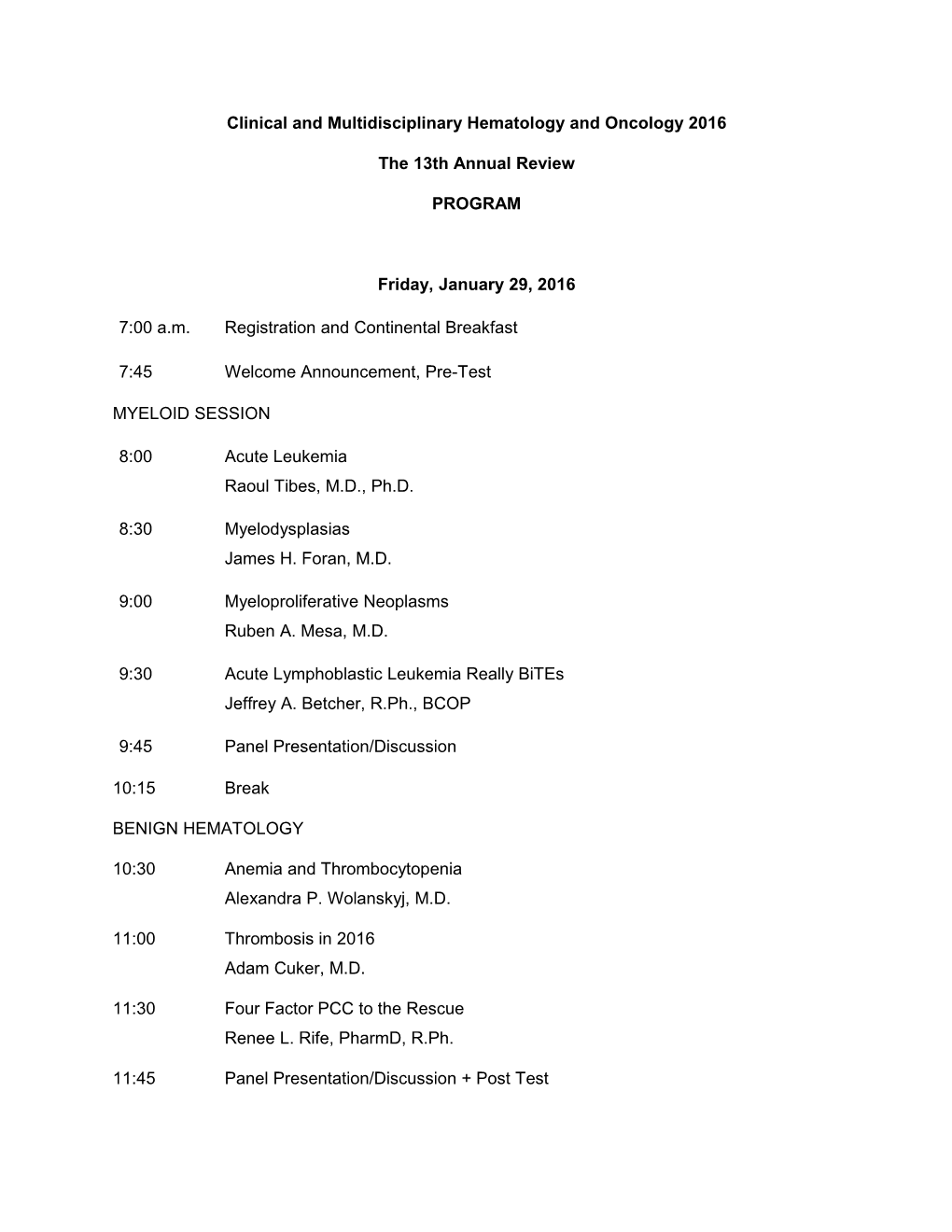 Clinical and Multidisciplinary Hematology and Oncology 2016