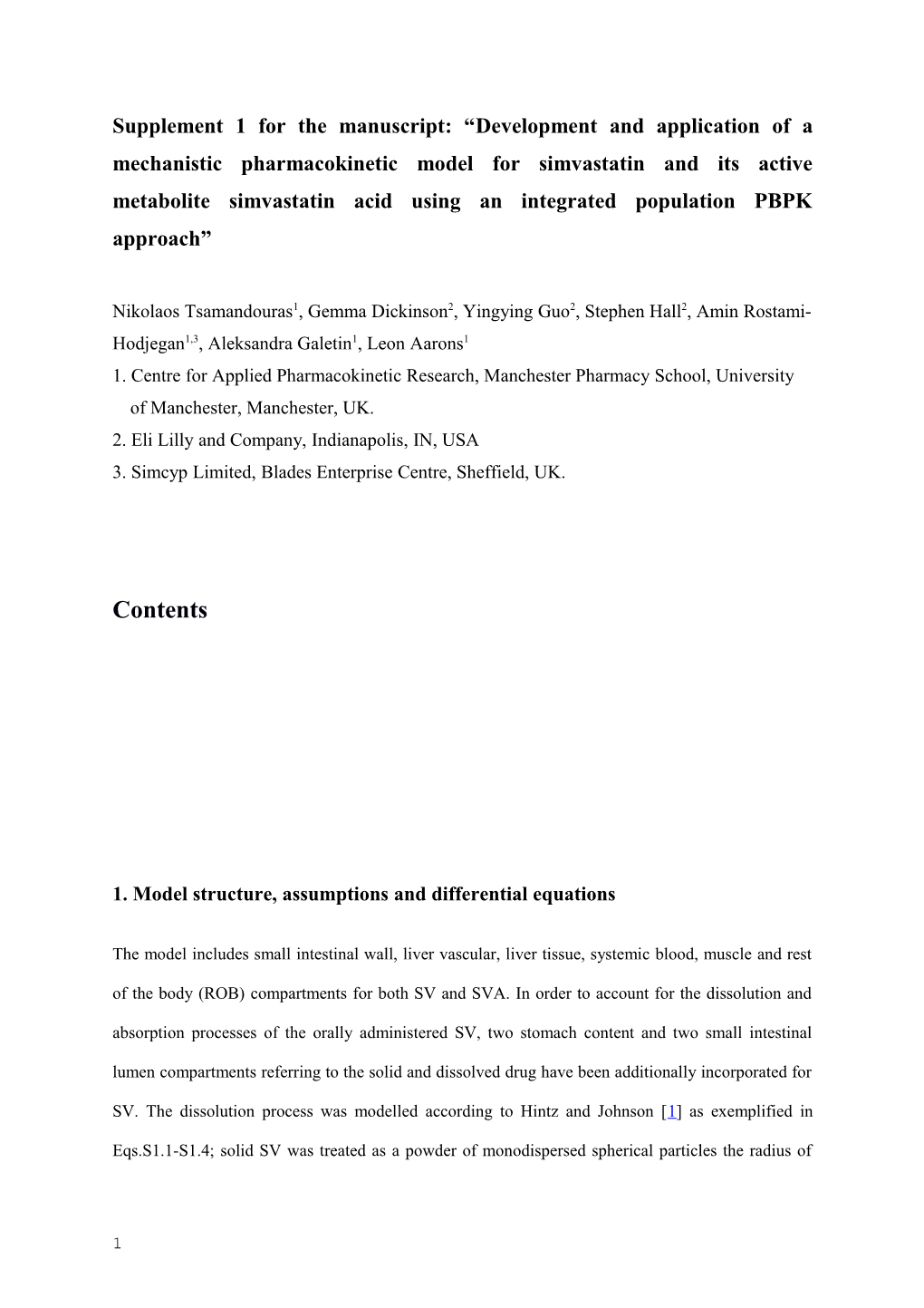 Supplement 1 for the Manuscript: Development and Application of a Mechanistic Pharmacokinetic