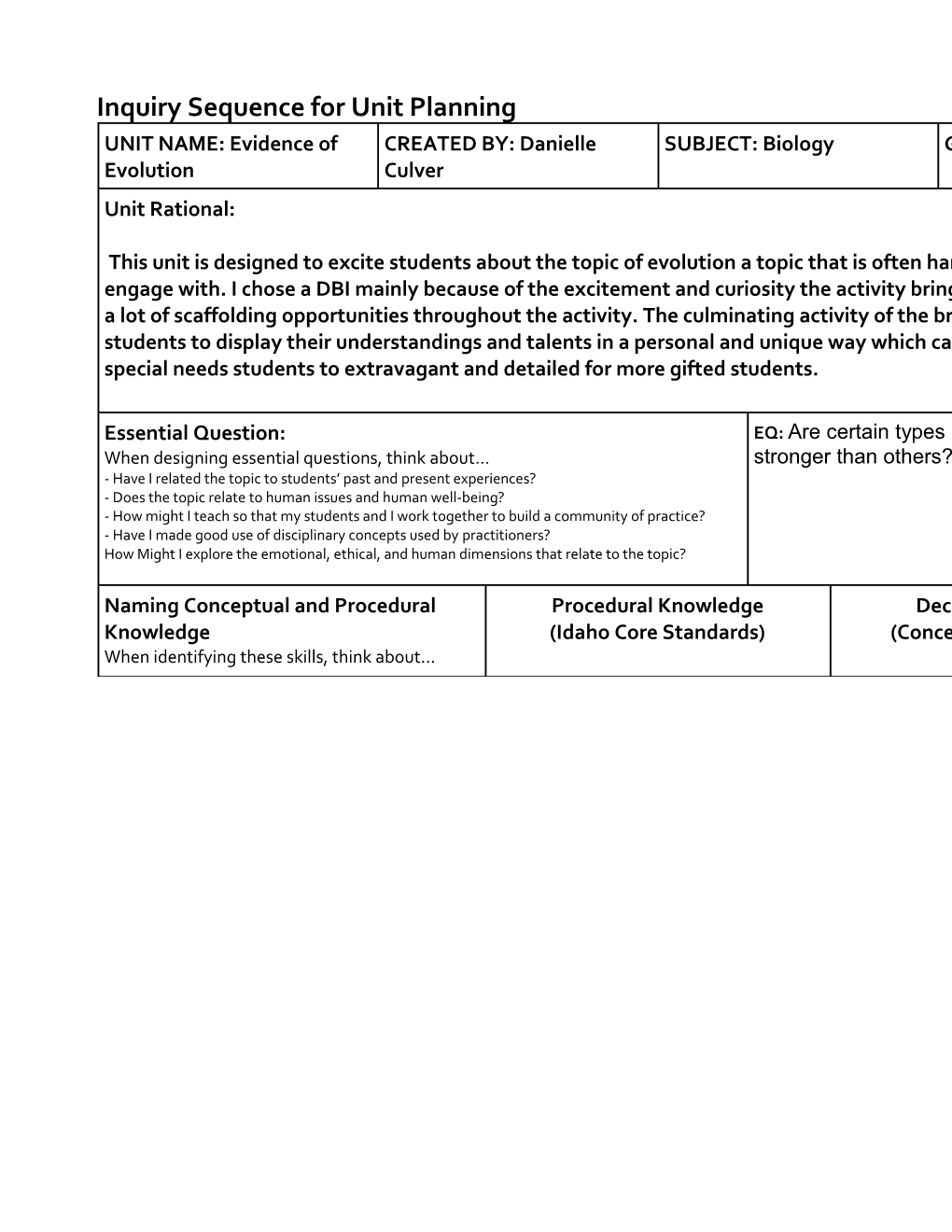 Inquiry Sequence for Unit Planning