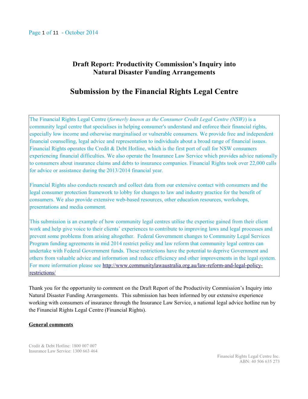 Submission DR130 - Financial Rights Legal Centre - Natural Disaster Funding - Public Inquiry