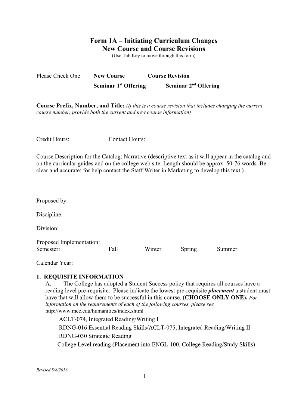 Form 1A Initiating Curriculum Changes