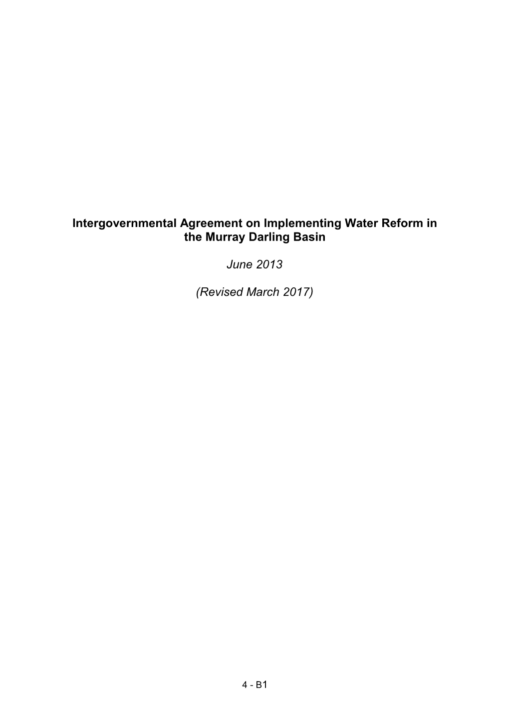 Intergovernmental Agreement on Implementing Water Reform in the Murray Darling Basin (Revised