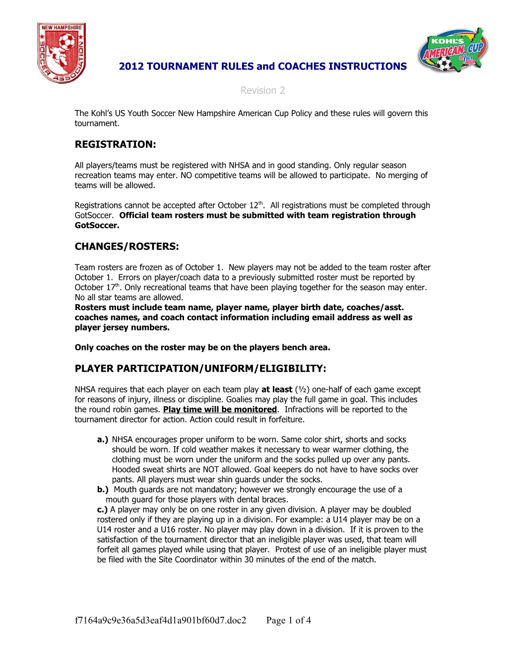 2008 TOURNAMENT RULES and COACHES INSTRUCTIONS