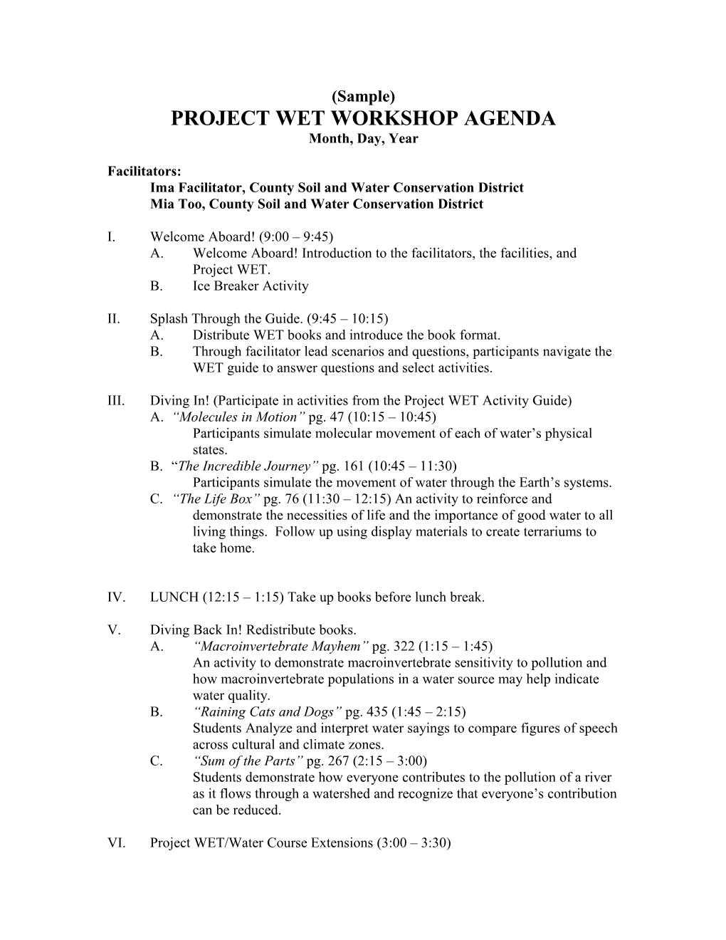 Project Wet Workshop Agenda