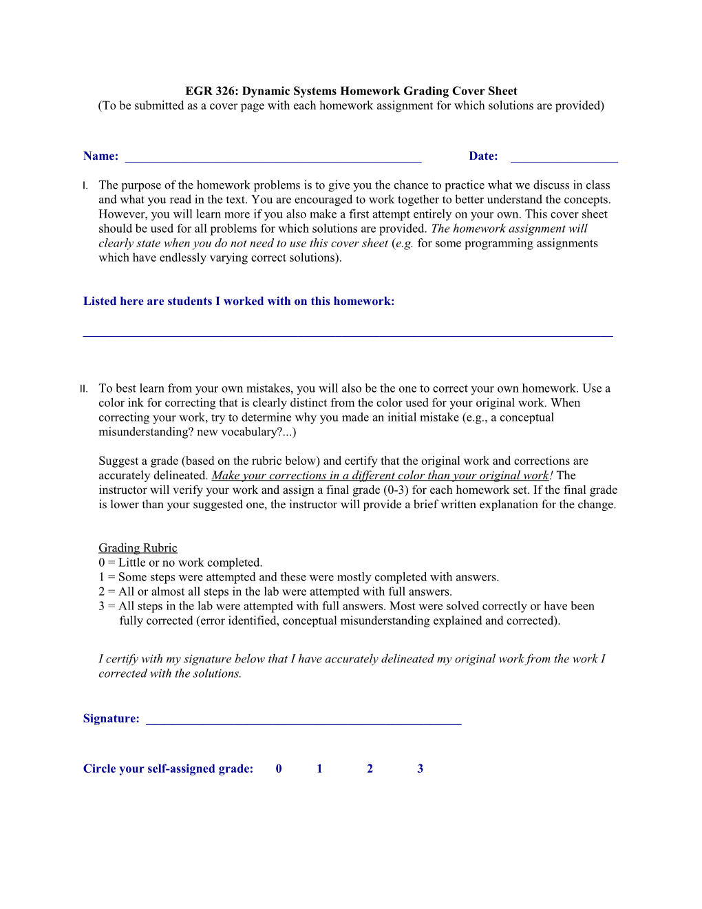 EGR 326: Dynamic Systemshomework Grading Cover Sheet