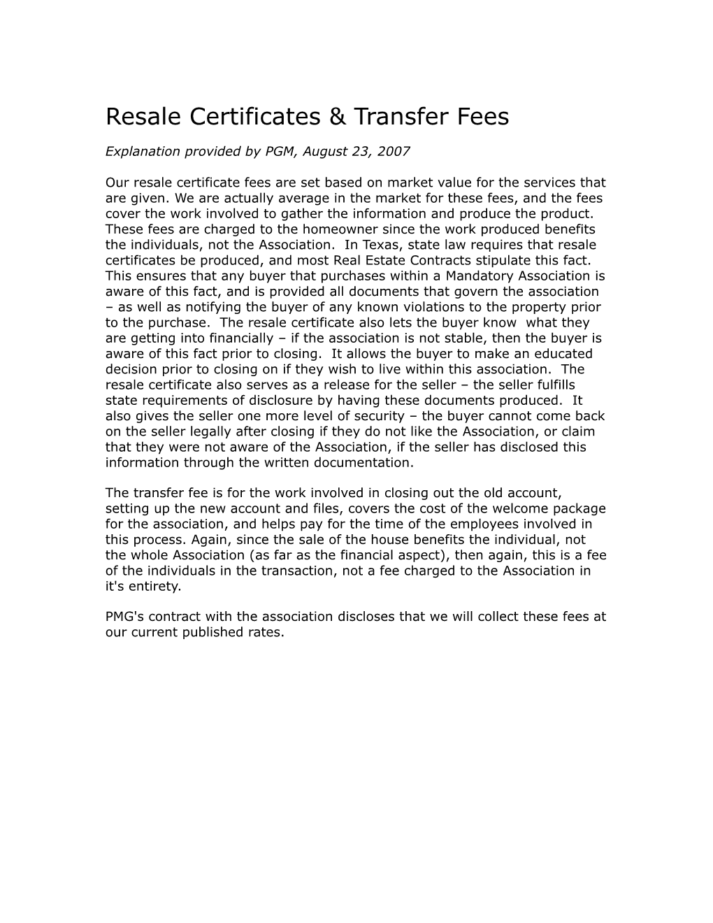Resale Certificates & Transfer Fees