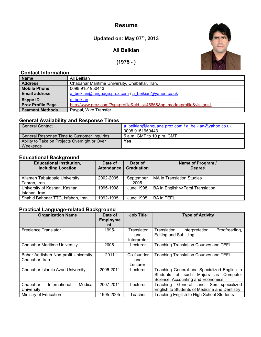 Translator Information Profile