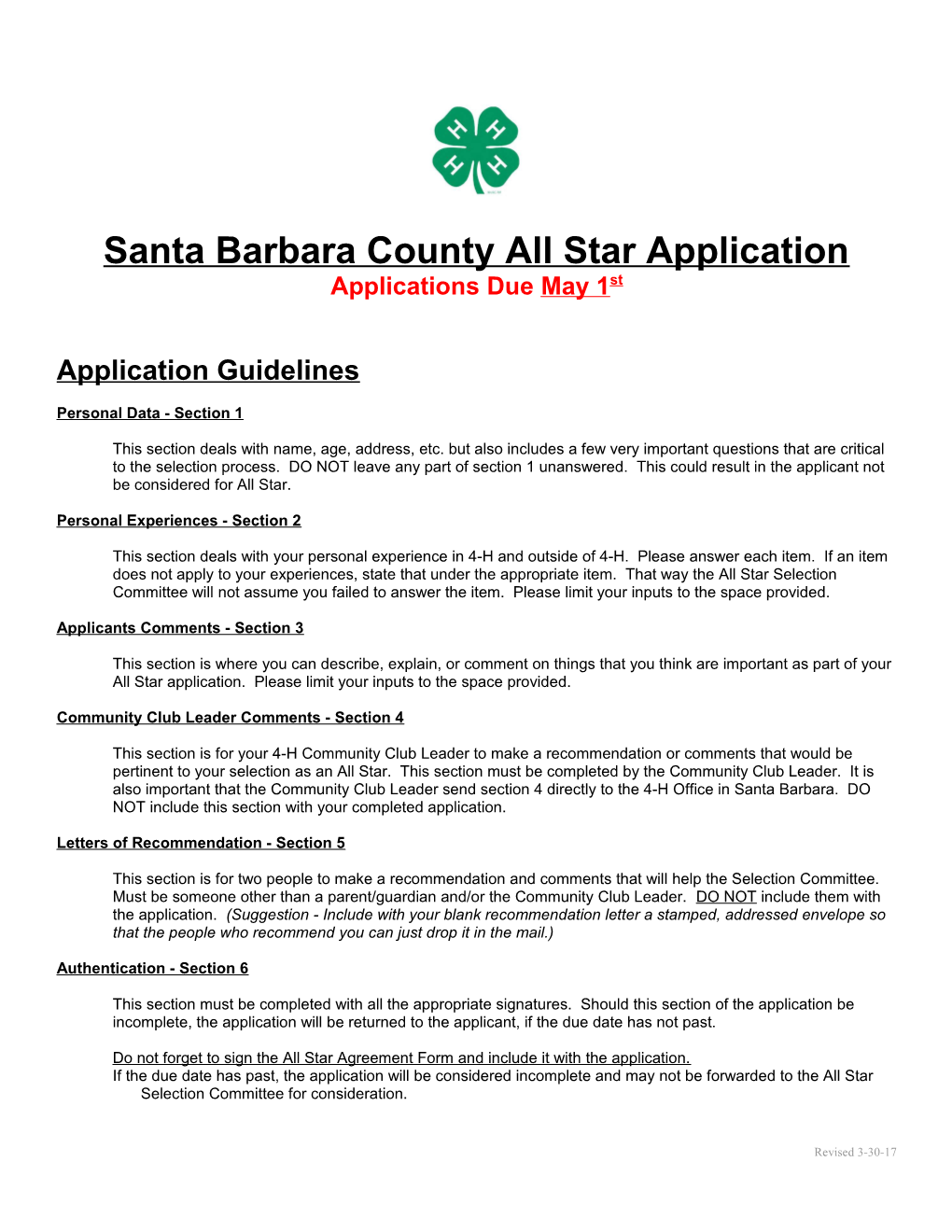 Santa Barbara County 4-H All Star Application
