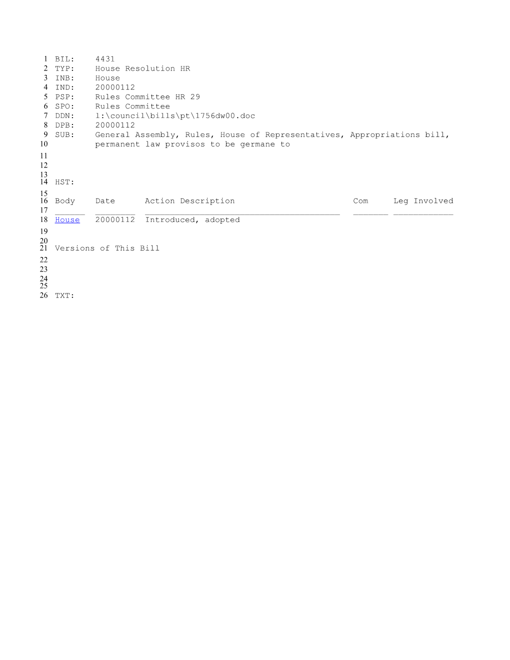 1999-2000 Bill 4431: General Assembly, Rules, House of Representatives, Appropriations