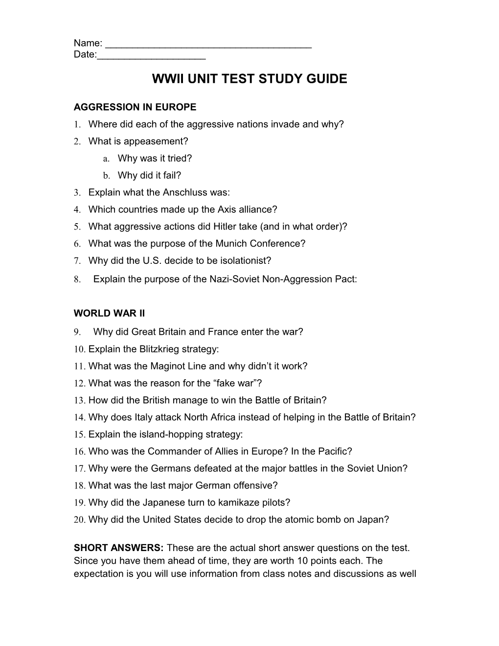 Wwii Unit Test Study Guide