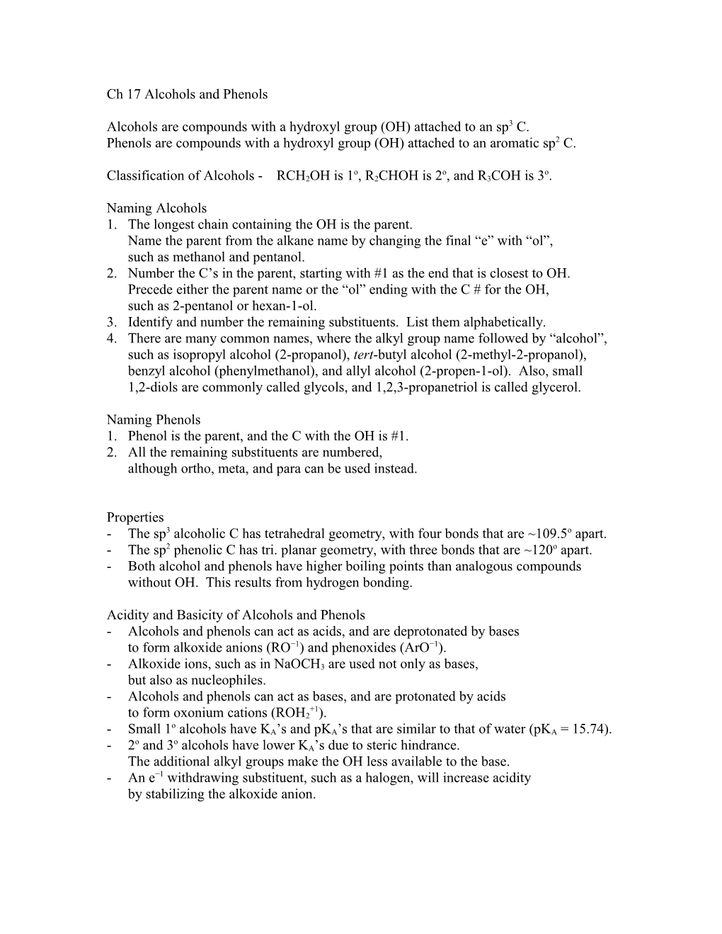 Ch 17 Alcohols and Phenols