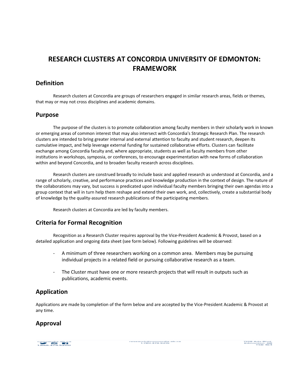 Research Clusters at Concordia University of Edmonton: Framework