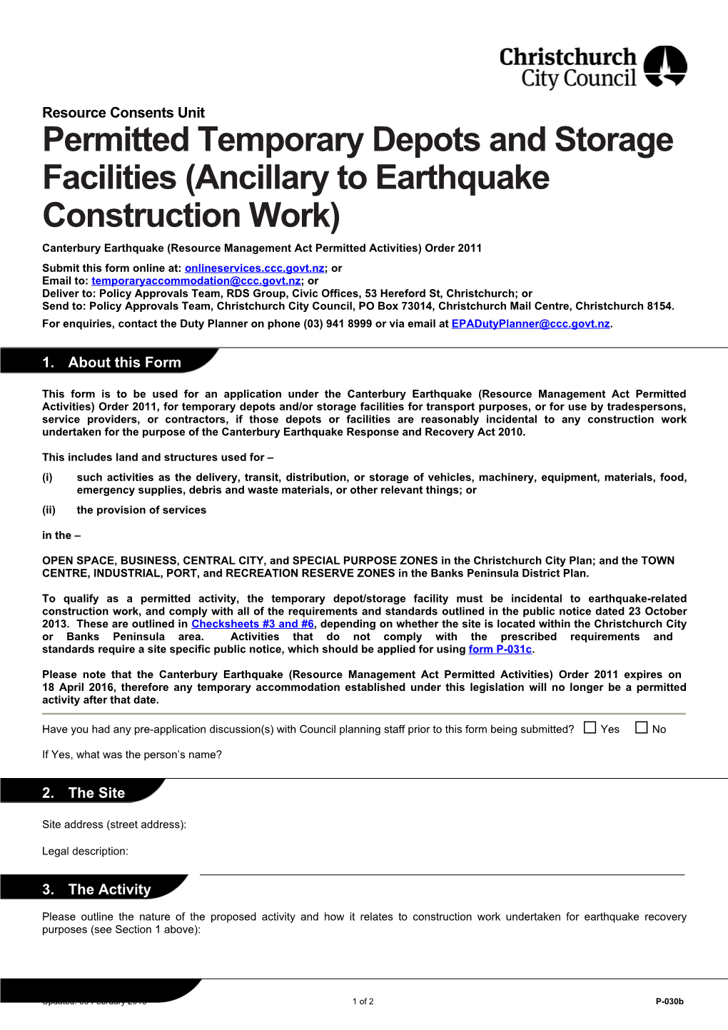 P-030B - Permitted Temporary Depots & Storage Facilities (Ancillary to Earthquake Construction