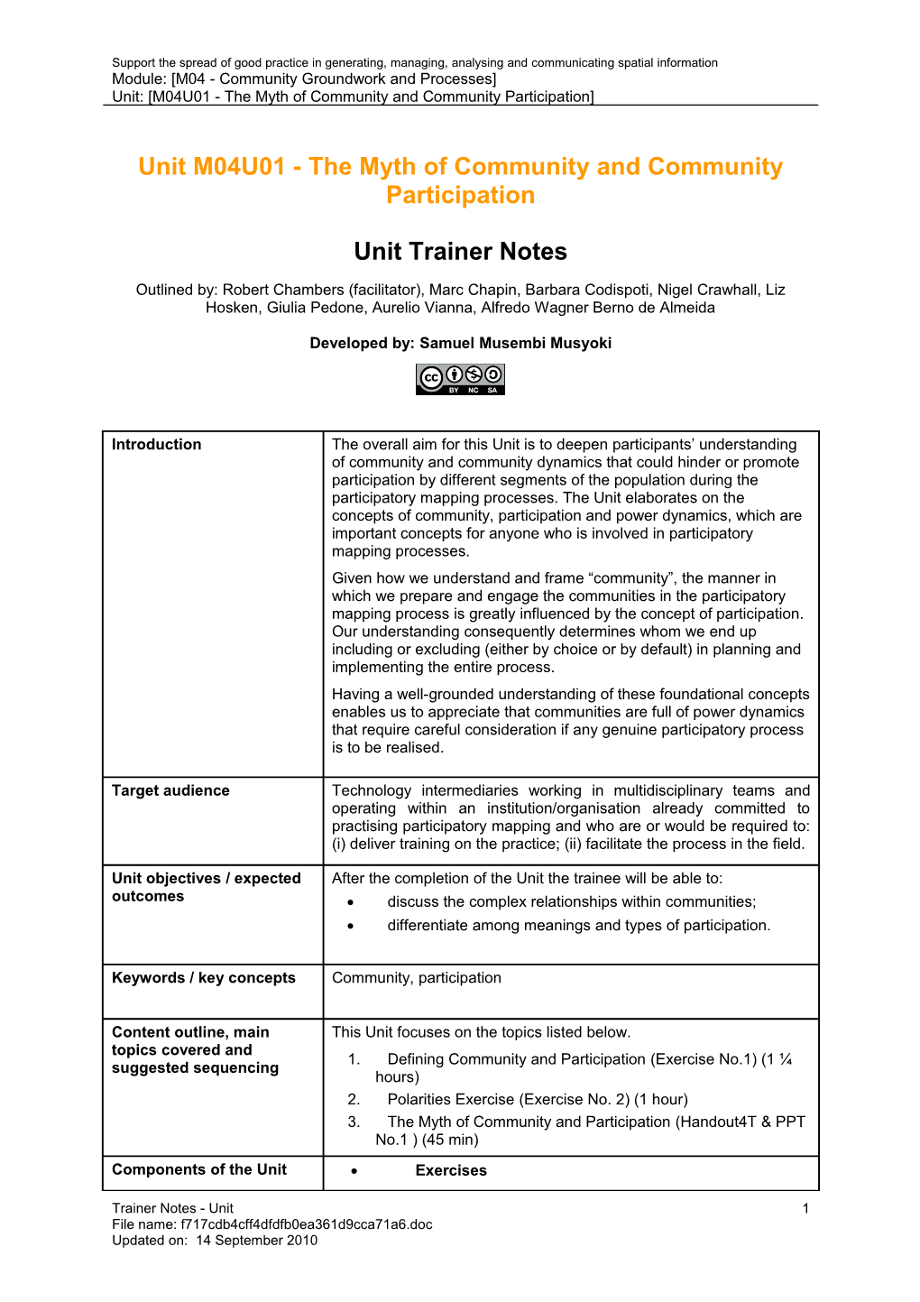 Unit Trainer Notes - the Myth of Community and Community Participation