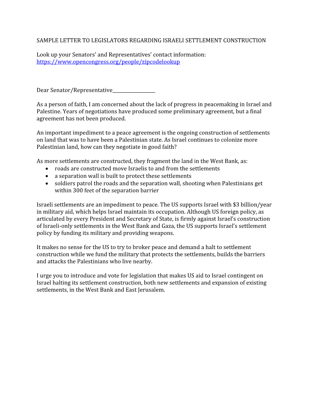 Sample Letter to Legislators Regarding Israeli Settlement Construction