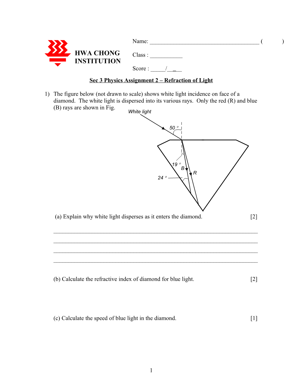 Sec 3 Physics Assignment 2 Refraction of Light