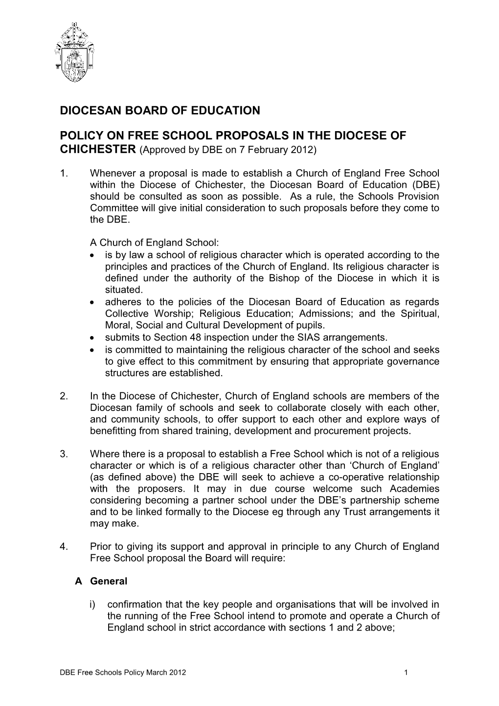 A Proposed Policy on Free School Proposals in the Diocese of Chichester